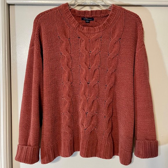 American Eagle Burnt Orange Chunky Chenille Cable Knit Cozy Crew Sweater Size M - Picture 4 of 10